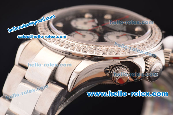 Rolex Daytona Swiss Valjoux 7750-SHG Automatic Steel Case/Strap with Double Row Diamond Bezel - Black Dial and Diamond Markers - Click Image to Close